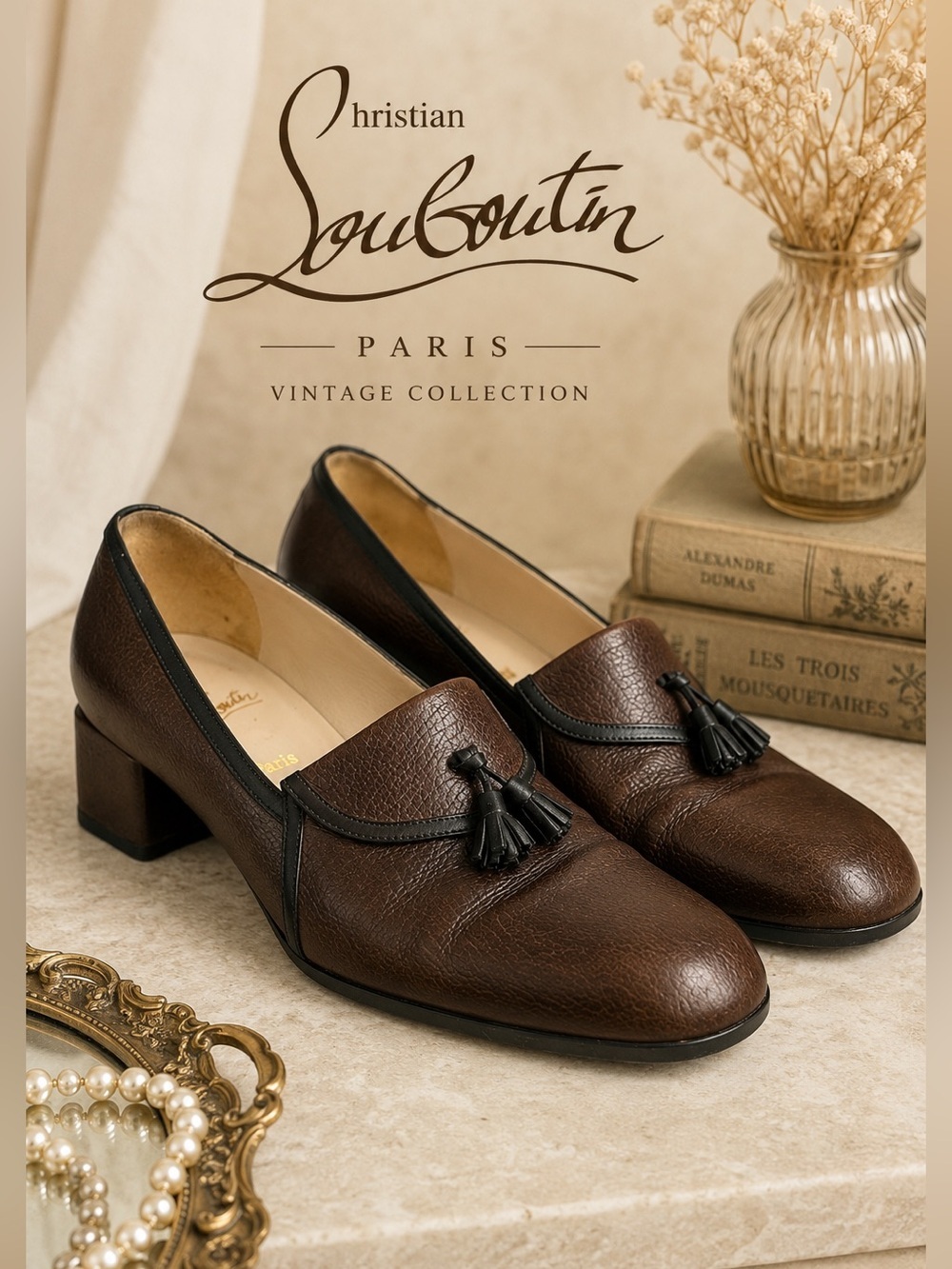 VTG Christian Louboutin Paris Brown Pebbled Leather Tassel Loafer Block Heel